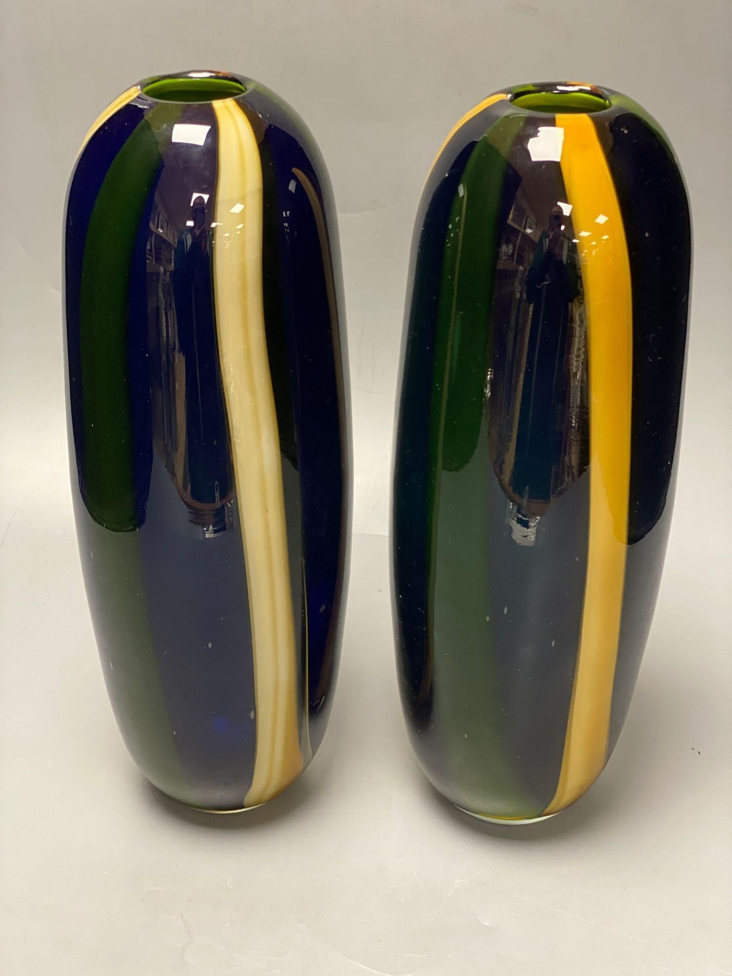 A pair of tall Art glass vases, 33cm, an angular green glass vase, 25cm and a Glory Art glass vase, 13cm